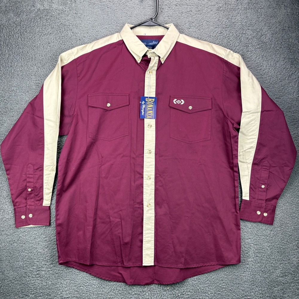 Wrangler Bonanza Western Shirt Mens Large Burgundy Tan Colorblock MH2212M Cotton